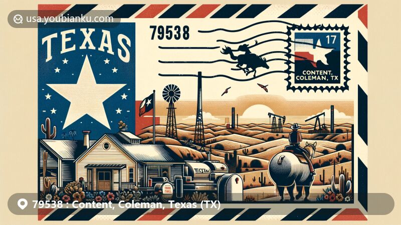 Modern illustration of Coleman County, Texas, showcasing postal theme with ZIP code 79538, featuring Texas state flag and Coleman outline on an airmail envelope with a stamp design.