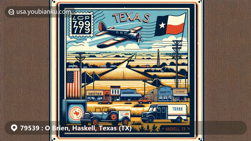 Modern illustration of O'Brien, Texas, showcasing postal theme with ZIP code 79539, highlighting rural landscape, local charm, vintage postage stamp, postal vehicle, Texas state flag, and Haskell County outline.