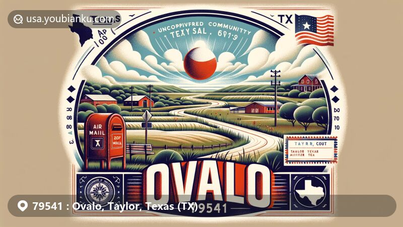 Modern illustration of Ovalo, Texas, showcasing postal theme with ZIP code 79541, featuring Texas state flag and vintage postal elements.