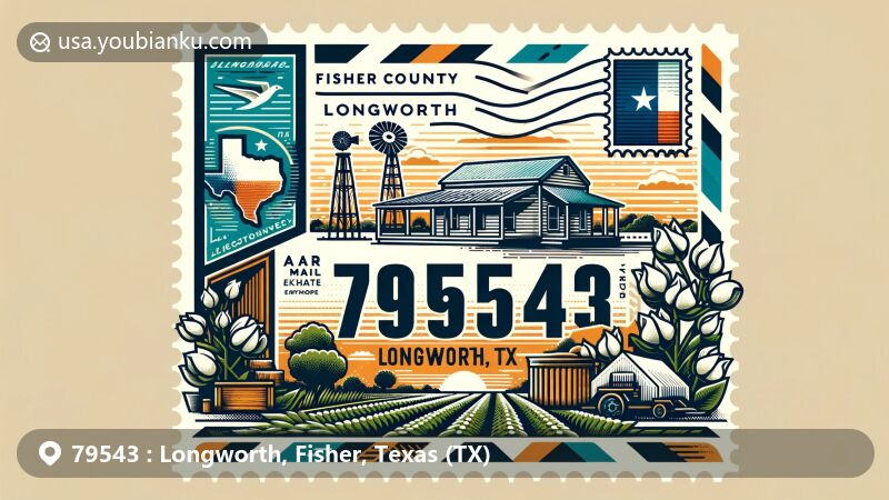 Illustration of Longworth, Fisher County, Texas, featuring postal theme with ZIP code 79543, including postage stamp, postmark, state flag, cotton fields, and local geography elements.