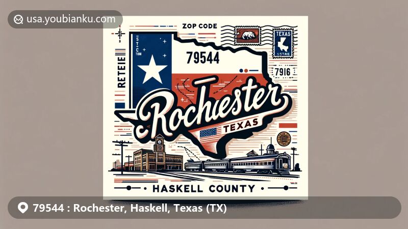 Modern illustration of Rochester, Texas, ZIP code 79544, featuring the Texas state flag, Haskell County outline, postcard elements, and the town's rich history since 1906.
