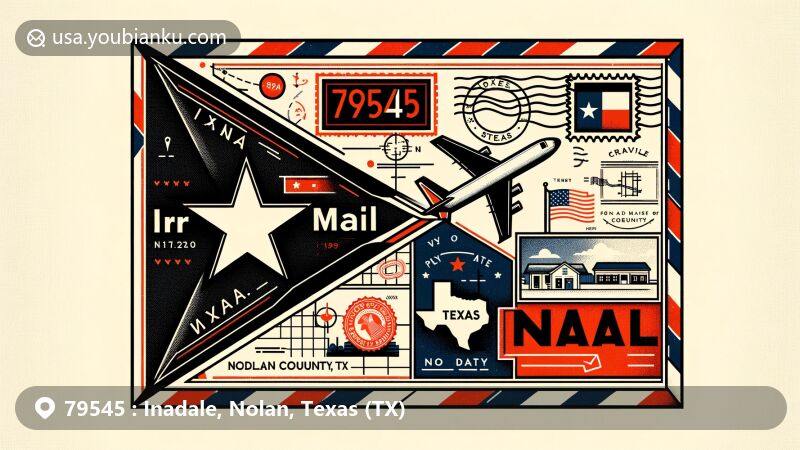 Modern illustration of Inadale, Nolan County, Texas, focusing on a postal theme with ZIP code 79545, incorporating the Texas state flag and National Register of Historic Places status.