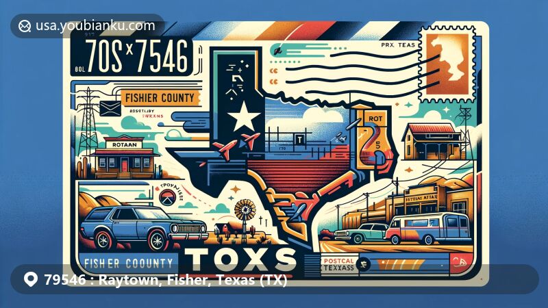 Modern illustration of Rotan, Fisher County, Texas, showcasing postal theme with ZIP code 79546, featuring Texas state symbols and postal elements.