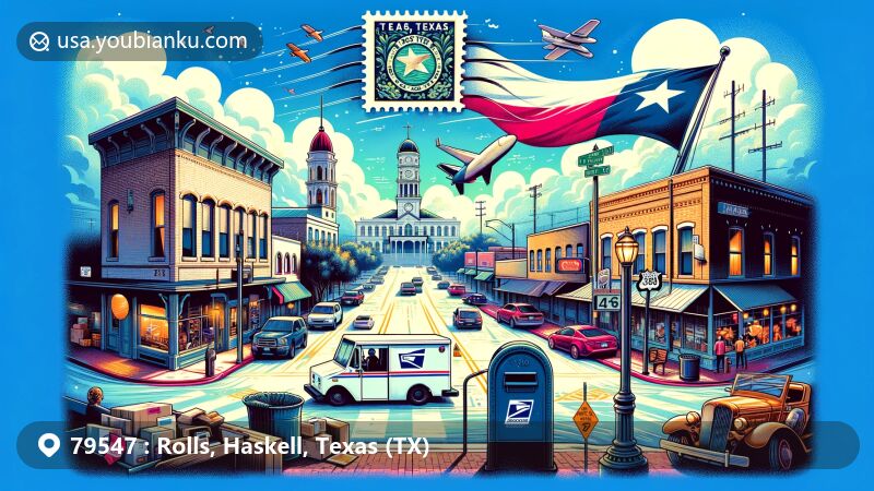Modern illustration of Rule, Texas, showcasing downtown charm and postal culture with ZIP code 79547, featuring U.S. Route 380 and Texas State Highway 6 intersection, vintage postage stamp, postbox, and mail delivery vehicle.