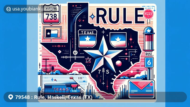 Modern illustration of Rule, Haskell County, Texas, highlighting postal theme with ZIP code 79548, featuring Texas outline and key geographical features like U.S. Route 380 and Texas State Highway 6.