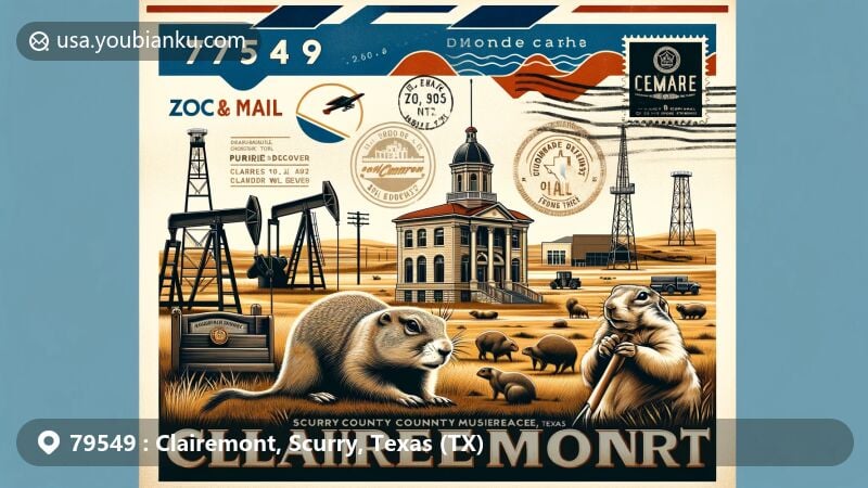 Modern illustration of Clairemont, Scurry County, Texas, showcasing postal theme with ZIP code 79549, featuring Scurry County Courthouse, J.J. Moore No. 1 Oil Well, prairie dogs, and artifacts from Scurry County Museum.