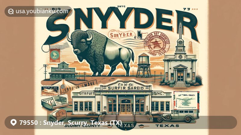 Modern illustration of Snyder, Texas, featuring Scurry County Museum, White Buffalo Statue, vintage postcard elements, and ZIP code 79550.