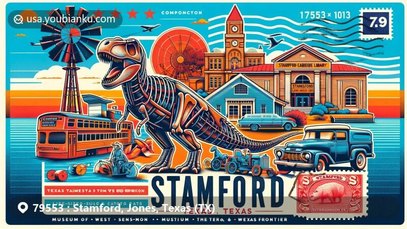 Vibrant illustration showcasing Stamford, Texas' unique western heritage with Texas Cowboy Reunion, life-sized dinosaur sculptures, historic Stamford Carnegie Library, Lake Stamford, Swenson Land & Cattle Co., and Museum of the West Texas Frontier.