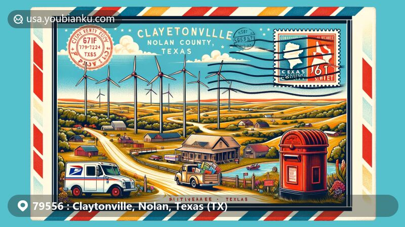 Modern illustration of Claytonville, Nolan County, Texas, featuring vintage airmail envelope frame with ZIP code 79556, showcasing Sweetwater scene with wind turbines and open spaces, incorporating Nolan County outline and Texas state flag.