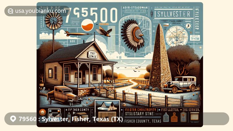 Modern illustration of Sylvester, Fisher County, Texas, emphasizing ZIP code 79560, showcasing Adair-Steadman archaeological site and vintage post office facade.