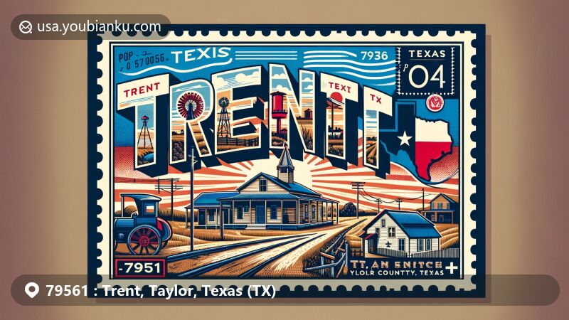 Modern illustration of Trent, Taylor County, Texas, showcasing postal theme with ZIP code 79561, featuring Texas state flag, small community representation, and surrounding landscapes.
