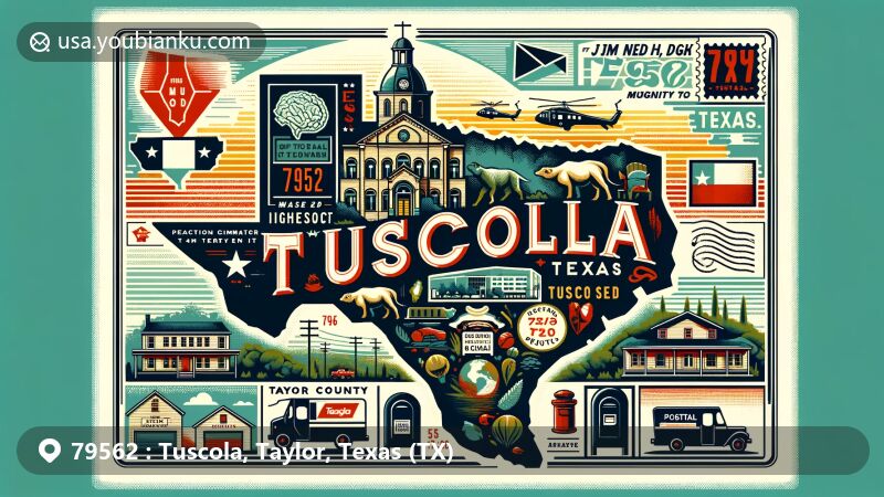 Modern illustration of Tuscola, Taylor County, Texas, showcasing postal theme with ZIP code 79562, featuring silhouette of Texas and Jim Ned High School.