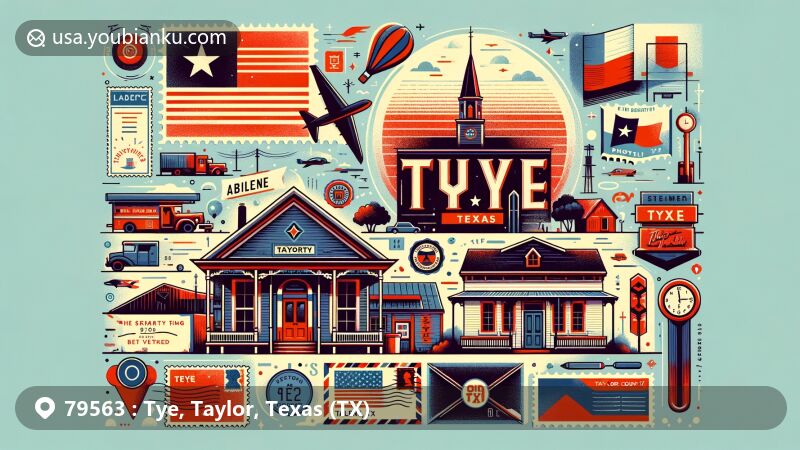 Modern illustration of Tye, Taylor County, Texas, showcasing postal theme with ZIP code 79563, featuring vintage postcard design, air mail elements, stamps, and postmark. The art style captures Tye's small-town charm, history, and postal identity.