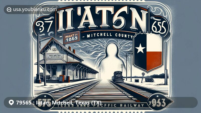Modern illustration of Iatan, Mitchell County, Texas, highlighting postal theme with ZIP code 79565, featuring vintage railroad station sign, ghostly railroad track, Texas state flag, and postal elements like postage stamp, envelope, and postmark.