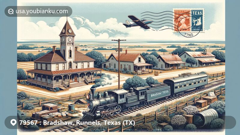 Modern illustration of Bradshaw, Texas, showcasing rural scenery with historical railway elements and traditional Texas architecture, incorporating postal theme with ZIP code 79567.