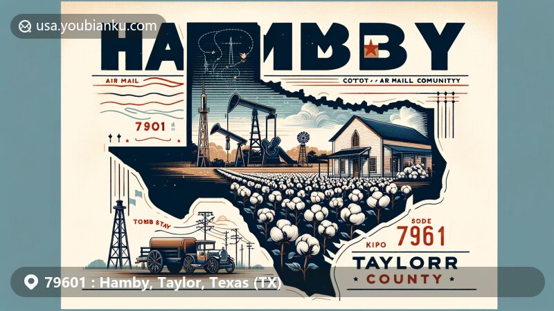 Modern illustration of Hamby, Taylor County, Texas, with vintage postcard theme and ZIP code 79601, featuring iconic cotton plants, oil derricks, and historical settlement.