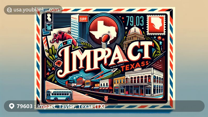 Vivid illustration of Impact, Taylor County, Texas, focusing on postal theme with ZIP code 79603, featuring creative oversized envelope or postcard incorporating '79603' code, stylized map outline of Taylor County, and iconic representation of local attractions or cultural elements from nearby Abilene. Includes postage symbols like stamp, postmark with 'Impact, Texas' name, and notable Pinky's Hotel symbol representing town's alcohol legalization history, all in vibrant colors, conveying community spirit without overcrowding.