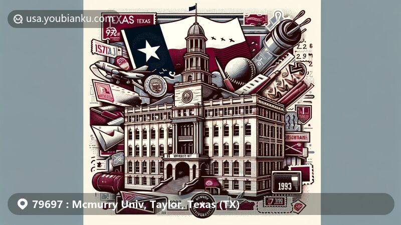 Modern illustration of McMurry University, Taylor, Texas, showcasing postal theme with ZIP code 79697 and founding year 1923, featuring Old Main building, Texas state flag, and Hispanic Heritage Month elements.