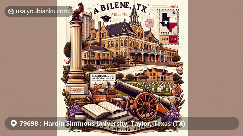Modern illustration of Hardin Simmons University in Abilene, Texas, featuring historical markers, iconic buildings, Campus Triangle with ivy-covered gravesites, 'Arizona Bill' cannon, and postal elements.