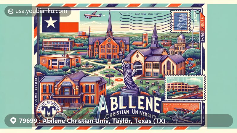 Modern depiction of Abilene Christian University in Taylor County, Texas, featuring Jacob's Dream sculpture, George R. Davis House, Texas state flag, university logo, and postal elements like a stamp with ZIP code 79699, postmark, and airmail design.