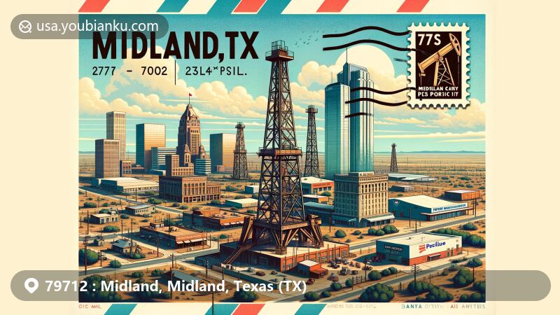 Modern illustration of Midland, Texas, showcasing iconic landmarks and postal theme with ZIP code 79712, featuring oil industry heritage, skyscrapers, Yucca Theatre, and Midland County Courthouse.