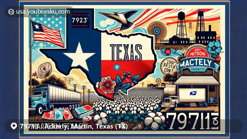 Modern illustration of Ackerly, Martin County, Texas, showcasing postal theme with ZIP code 79713, featuring Texas state flag, Martin and Dawson counties silhouettes, vintage postcard, postage stamp, postal truck, cotton fields, and a meteorite. Includes Ackerly, Martin, Texas names for geographical identity.