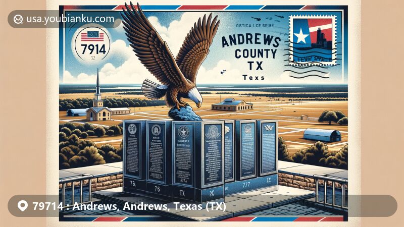 Modern illustration of Andrews County Veterans Memorial in Andrews, TX, focusing on eagle sculpture and military history tablets, against West Texas landscape backdrop, with ZIP code 79714 and postal elements like airmail envelope border and Texas flag stamp.