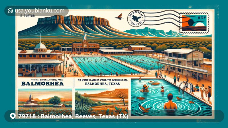 Modern illustration of Balmorhea, Texas, highlighting the state park's spring-fed swimming pool, Davis Mountains, pecan farms, and vintage postal elements.