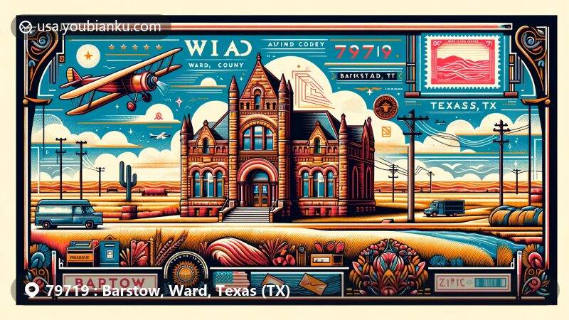 Modern illustration of Barstow, Ward, Texas, showcasing postal theme with ZIP code 79719, featuring Old Ward County Bank in Romanesque Revival style, Pecos River valley, and Texas landscape elements.