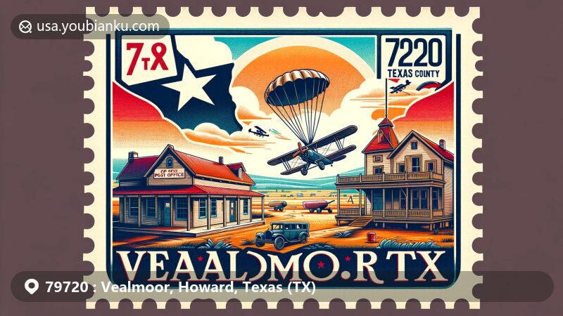 Modern illustration of Vealmoor, Texas, capturing the essence of ZIP code 79720 with a post office, vintage airplane, and detailed postage stamp against the semi-arid Texas landscape.