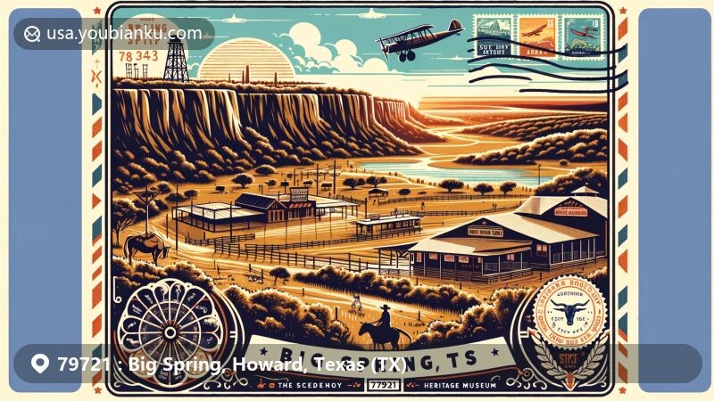 Modern illustration of Big Spring, Texas, depicting Big Spring State Park, Comanche Trail Park during Festival of Lights, Big Spring Symphony, Hangar 25 Air Museum, oil derricks, longhorns, Heritage Museum, air mail envelope with Settles Hotel and Potton House stamps, and postmark 'Big Spring, TX 79721'.