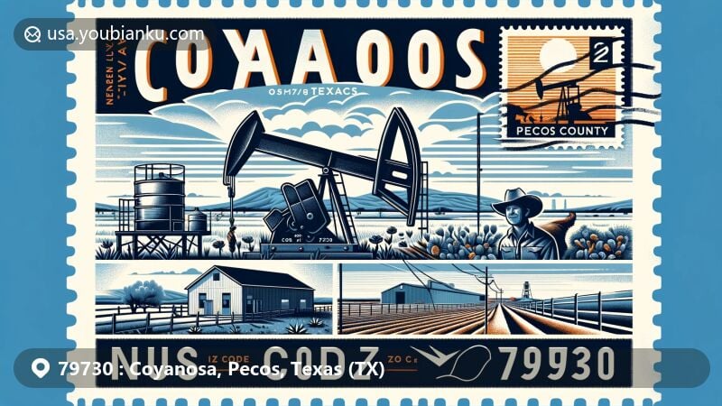 Modern illustration of Coyanosa, Pecos County, Texas, highlighting ZIP code 79730 with a creatively designed airmail envelope showcasing natural landscapes and cultural elements.