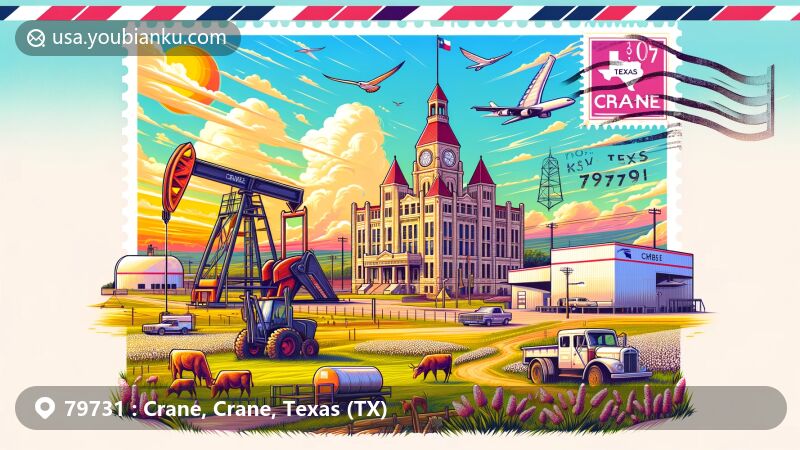 Modern illustration of Crane, Texas, highlighting local landmarks like Castle Mountain, Crane City Hall, oil derrick, and agricultural elements, with a postal theme featuring ZIP code 79731.