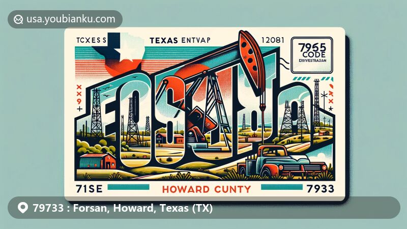 Modern illustration of Forsan, Texas, showcasing oil derricks symbolizing the 1920s oil boom and the flat, semi-arid landscape of Howard County, with Texas state flag in the background.