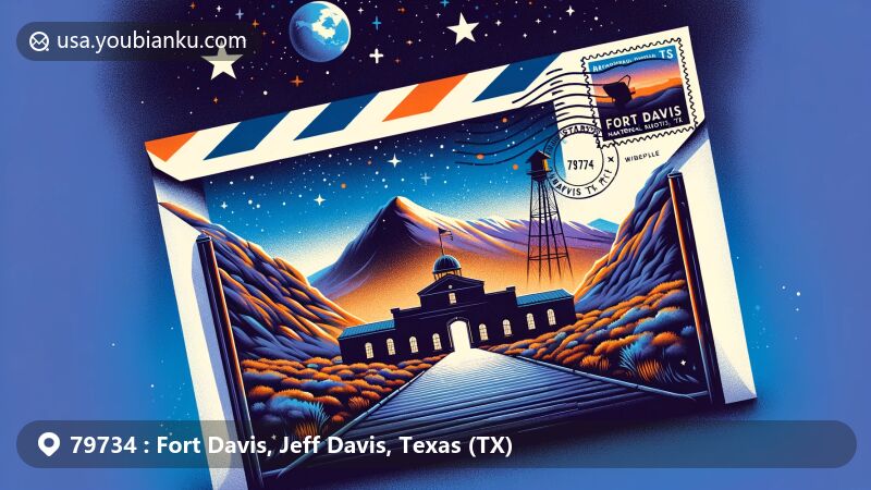Modern illustration of Fort Davis, Jeff Davis County, Texas, featuring historical Fort Davis National Historic Site, Davis Mountains State Park, and McDonald Observatory, with airmail envelope design showcasing postal theme with ZIP code 79734.