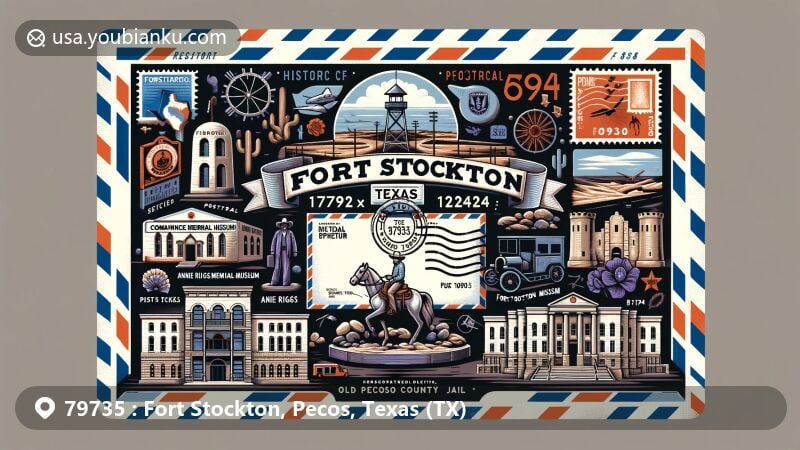Modern illustration of Fort Stockton, Pecos County, Texas, highlighting ZIP code 79735 with iconic landmarks like Historic Fort Stockton, Comanche Springs, Annie Riggs Memorial Museum, Old Pecos County Jail, and Paisano Pete sculpture.