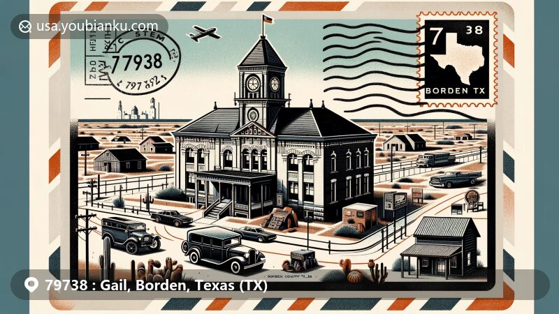 Contemporary illustration of Gail, Borden, Texas (TX), with ZIP code 79738, showcasing the junction of U.S. Route 180 and FM 669, Borden County Courthouse, and Borden County Museum within a postcard motif.
