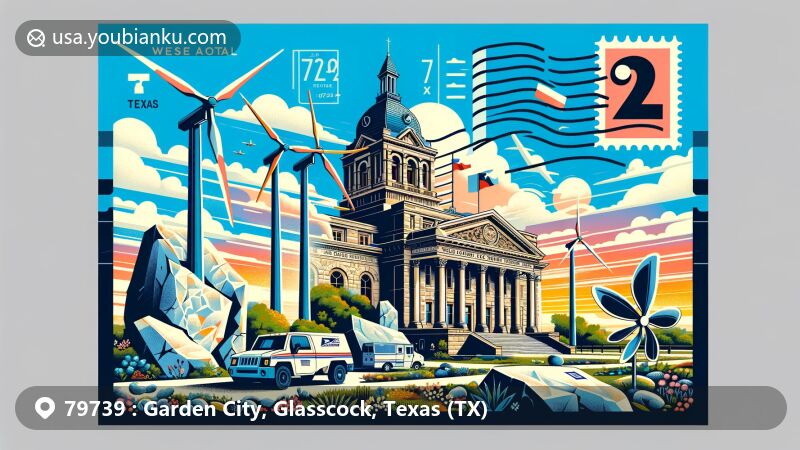 Modern illustration showcasing Garden City, Texas, ZIP code 79739, featuring Glasscock County Courthouse, wind turbines, and limestone blocks, creatively blending geographical and postal elements.