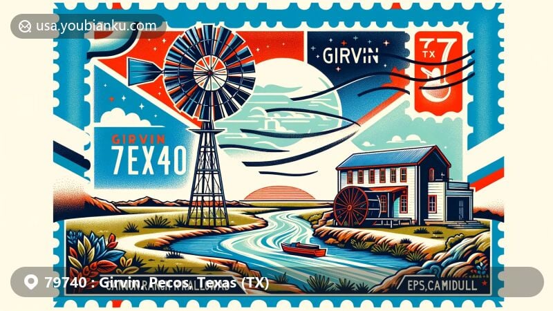 Modern illustration of Girvin, Pecos, Texas, combining local landmarks like Pecos River and Canon Ranch Railroad Eclipse Windmill with postal themes, featuring air mail envelope and postage stamp.