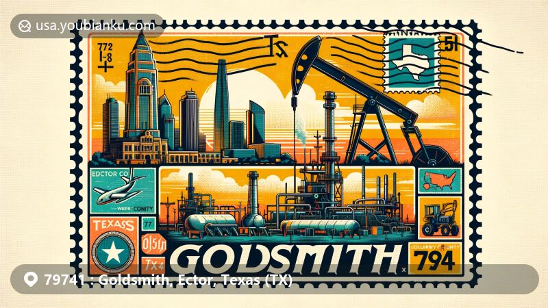 Vintage postcard illustration of Goldsmith, Texas, highlighting oil discovery history and modern gas processing facilities, featuring Ector County outline, Texas state symbols, and postal elements with ZIP code 79741.