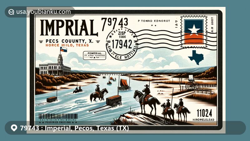 Modern illustration of Imperial, Pecos County, Texas, showcasing vintage postcard design with iconic Pecos River and Horsehead Crossing, reflecting historical trails, Texas state flag, and postal theme with ZIP code 79743.