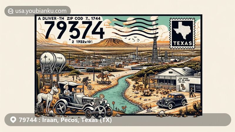 Modern illustration of Iraan, Texas, showcasing creative postcard theme with Pecos River, Yates Oil Field, Alley Oop elements, and Texas-themed postage stamp.