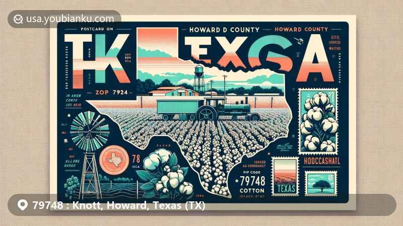 Modern illustration of Knott, Texas, in Howard County, featuring symbolic postcard highlighting geographical setting and agricultural hallmark, including historic watermelon cultivation and present-day cotton farming, with a backdrop showcasing Howard County landscapes and Texas state symbols.