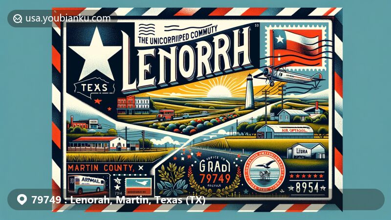 Modern illustration of Lenorah, Martin County, Texas, showcasing rural beauty and Texas Panhandle charm with state flag and Grady Independent School District representation, all within a postal theme with ZIP code 79749.