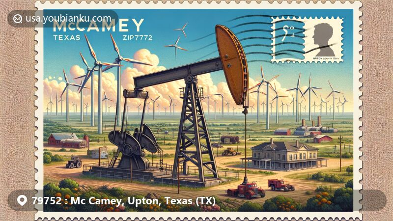 Modern illustration of McCamey, Texas, showcasing Wind Energy Capital of Texas with wind turbines, oil derrick, Upton County Library, and airmail envelope border with ZIP code 79752, Texas wildflowers, and desert vegetation.