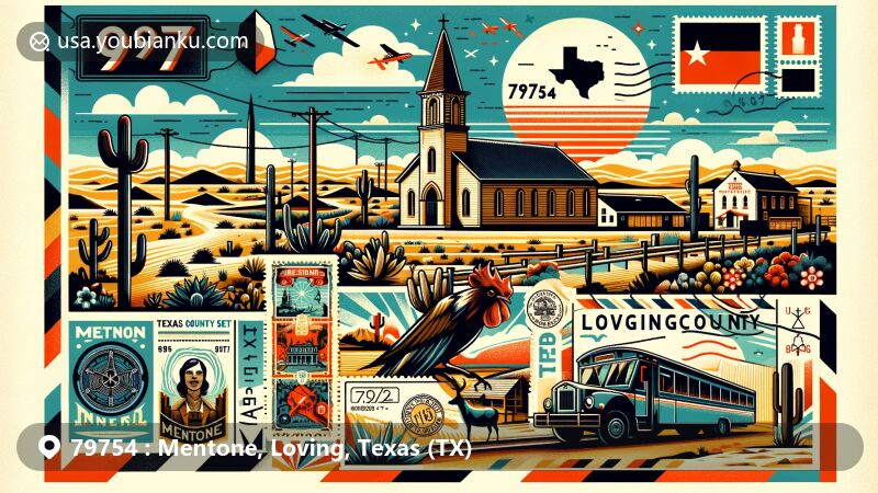 Modern illustration of Mentone, Loving County, Texas, showcasing history and geography with ZIP Code 79754, Texas's smallest county seat, the story of first female sheriff Edna Reed Clayton DeWees, and desert climate.