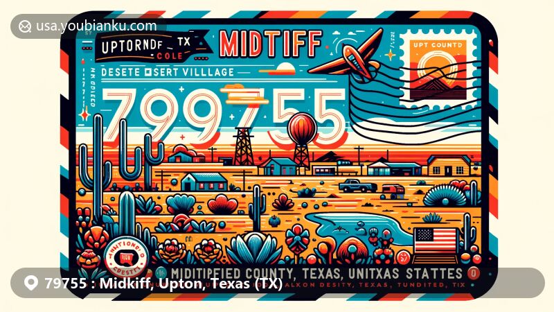 Modern illustration of Midkiff, Upton County, Texas, showcasing postal theme with ZIP code 79755, featuring elements representing the area's oil industry history and desert landscape.