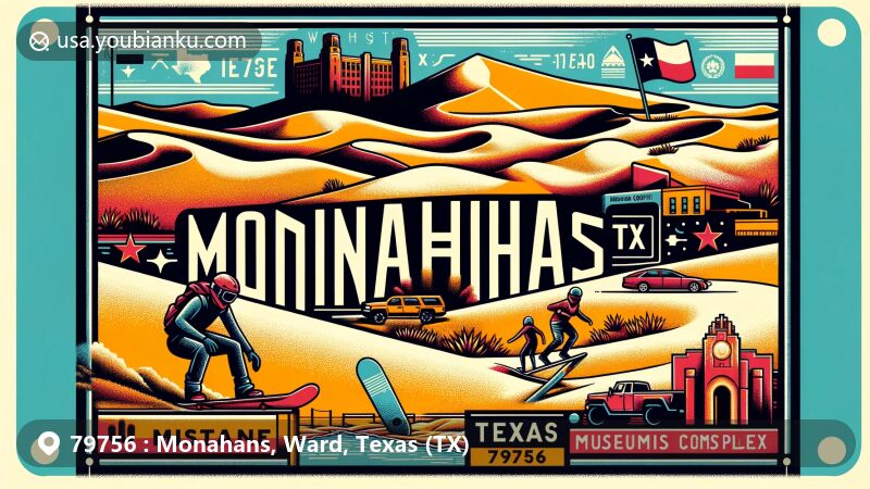 Modern illustration of Monahans, Texas, 79756, showcasing the sand dunes of Monahans Sandhills State Park and the outline of Ward County Museum Complex in a postcard design, highlighting the region's natural beauty, history, and culture.