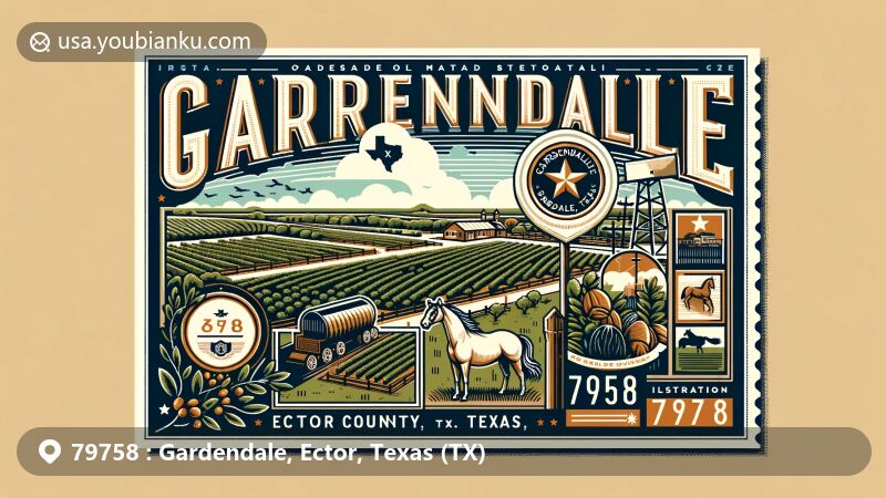 Modern illustration of Gardendale, Ector County, Texas, representing ZIP code 79758, featuring rural landscape with horse ranches, oil production, pecan orchards, and historical markers.