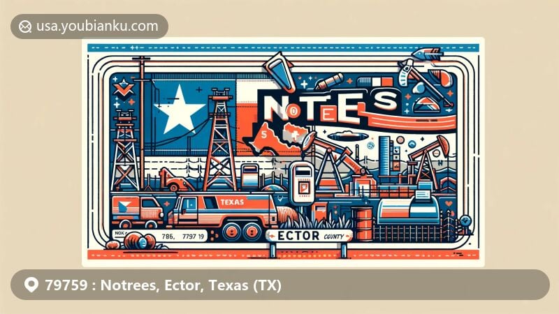 Modern illustration of Notrees, Ector County, Texas, representing ZIP code 79759 with Texas state flag, oil industry symbols, and postal elements.